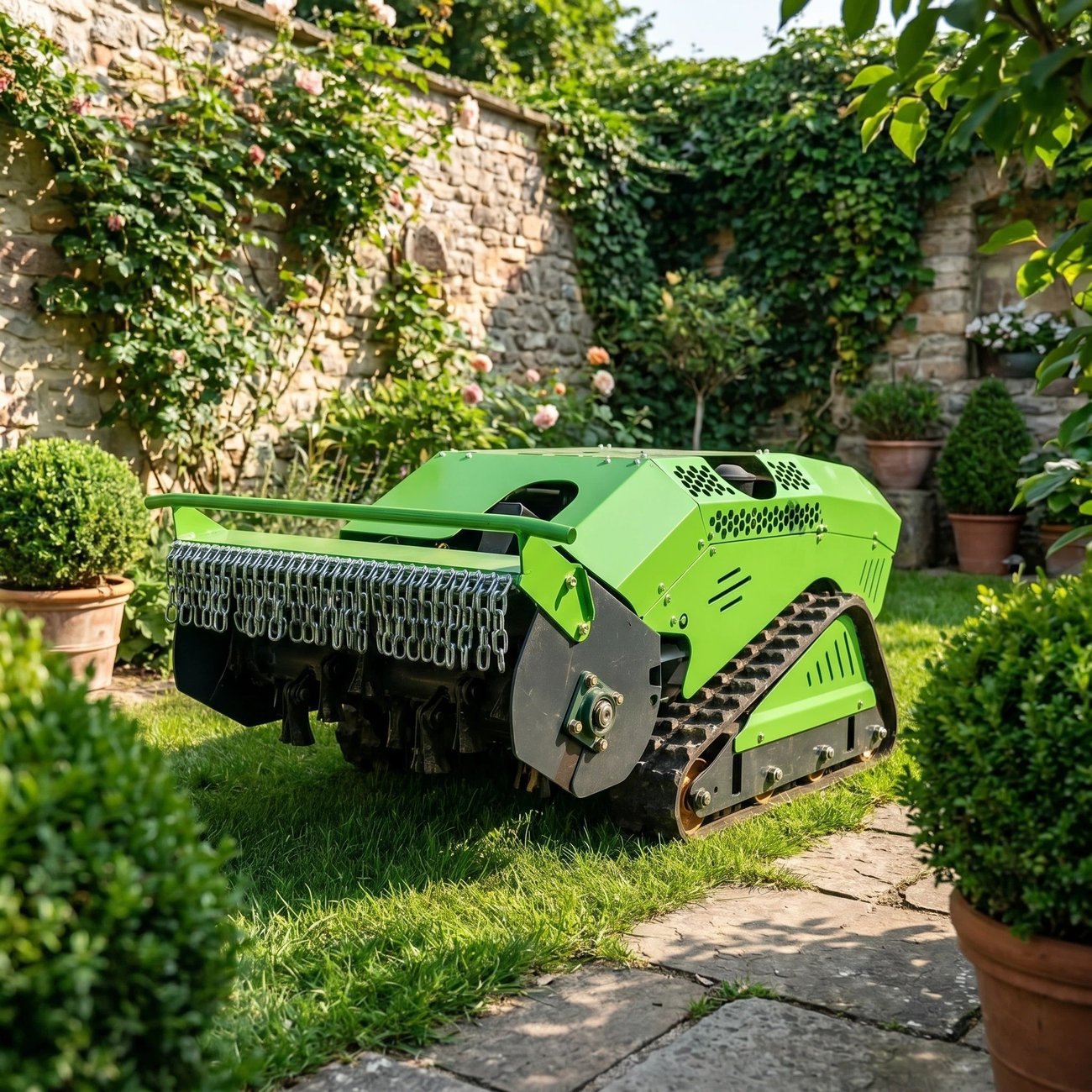 SENCO D800 remote-controlled tracked straw crusher in a garden