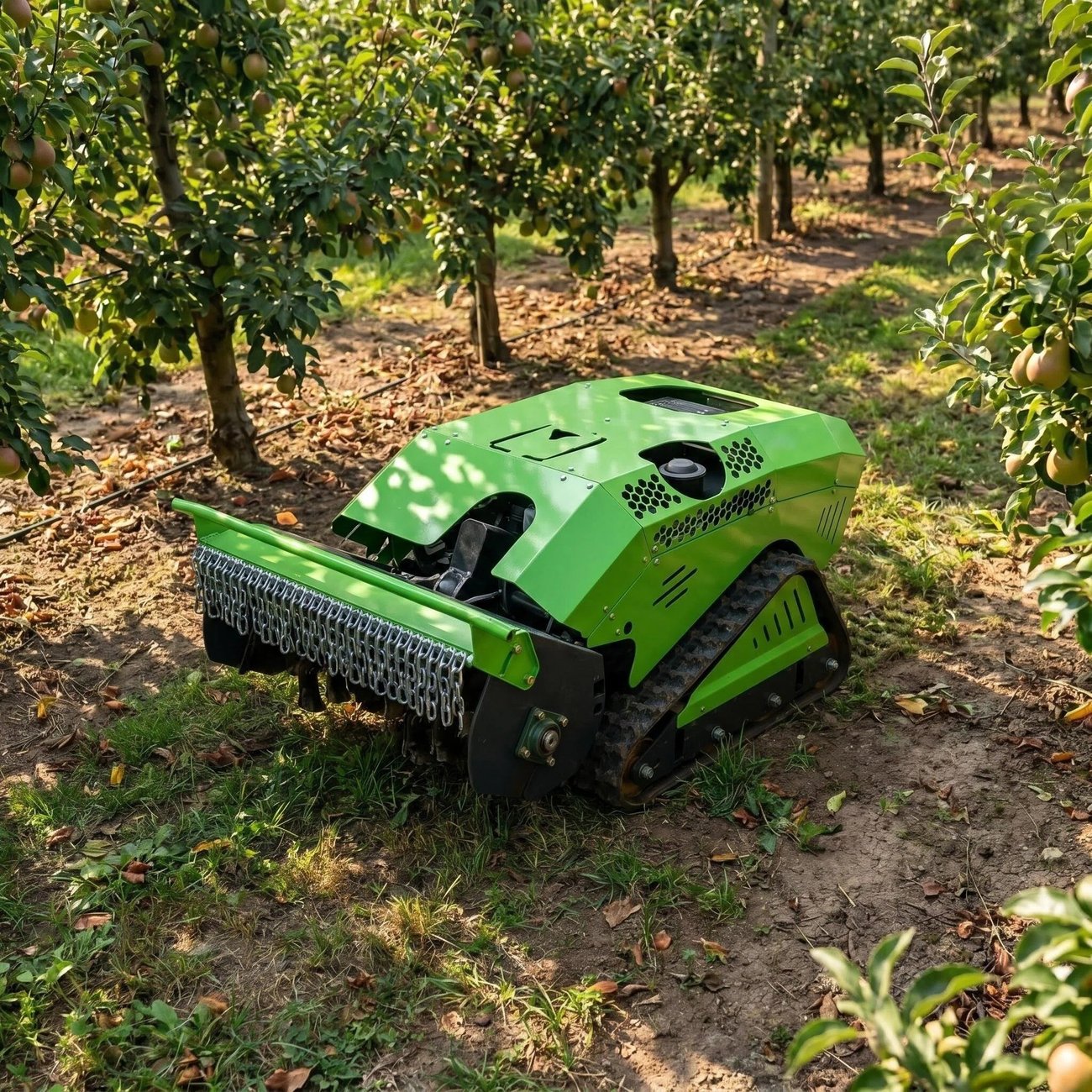 SENCO D800 straw crusher on sloped orchard ground