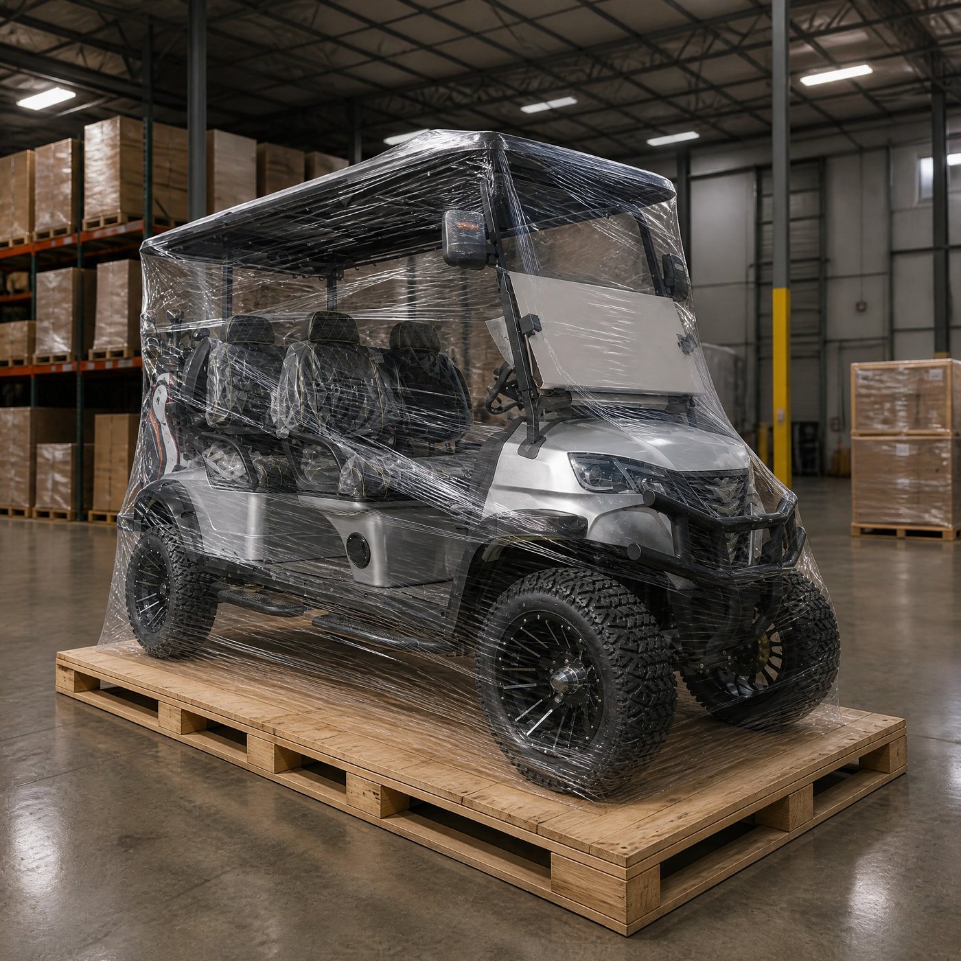 SENCO golf cart sealed in seaworthy export packing on a pallet