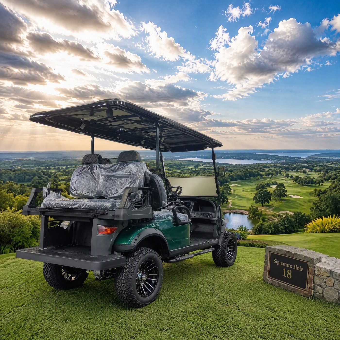 SENCO 6D electric golf cart parked at a scenic overlook