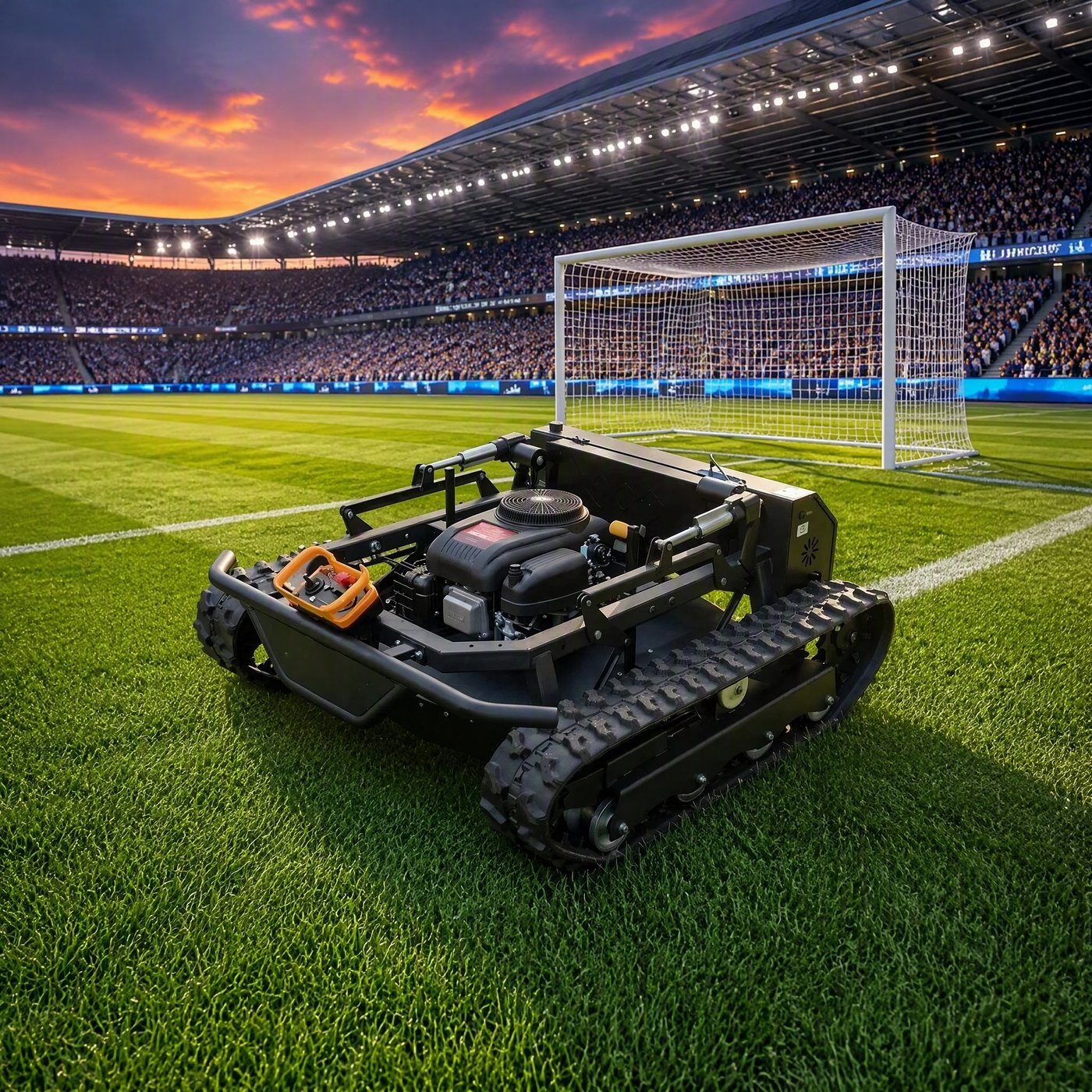 SENCO H900 remote-controlled crawler mower on a football field