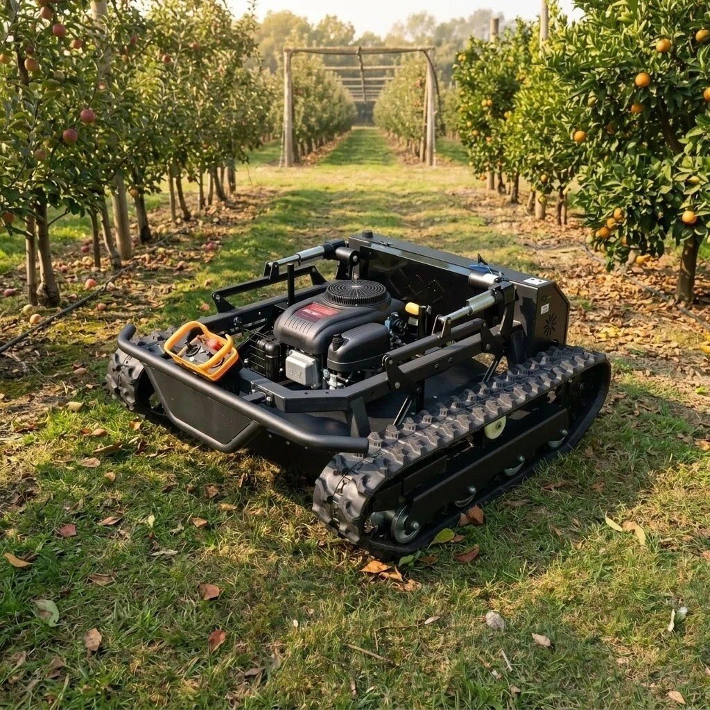 SENCO H900 crawler mower working between orchard rows