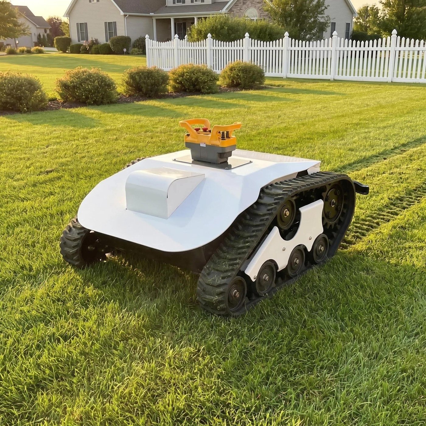 SENCO SK-500 lithium robot mower in white and orange on a lawn