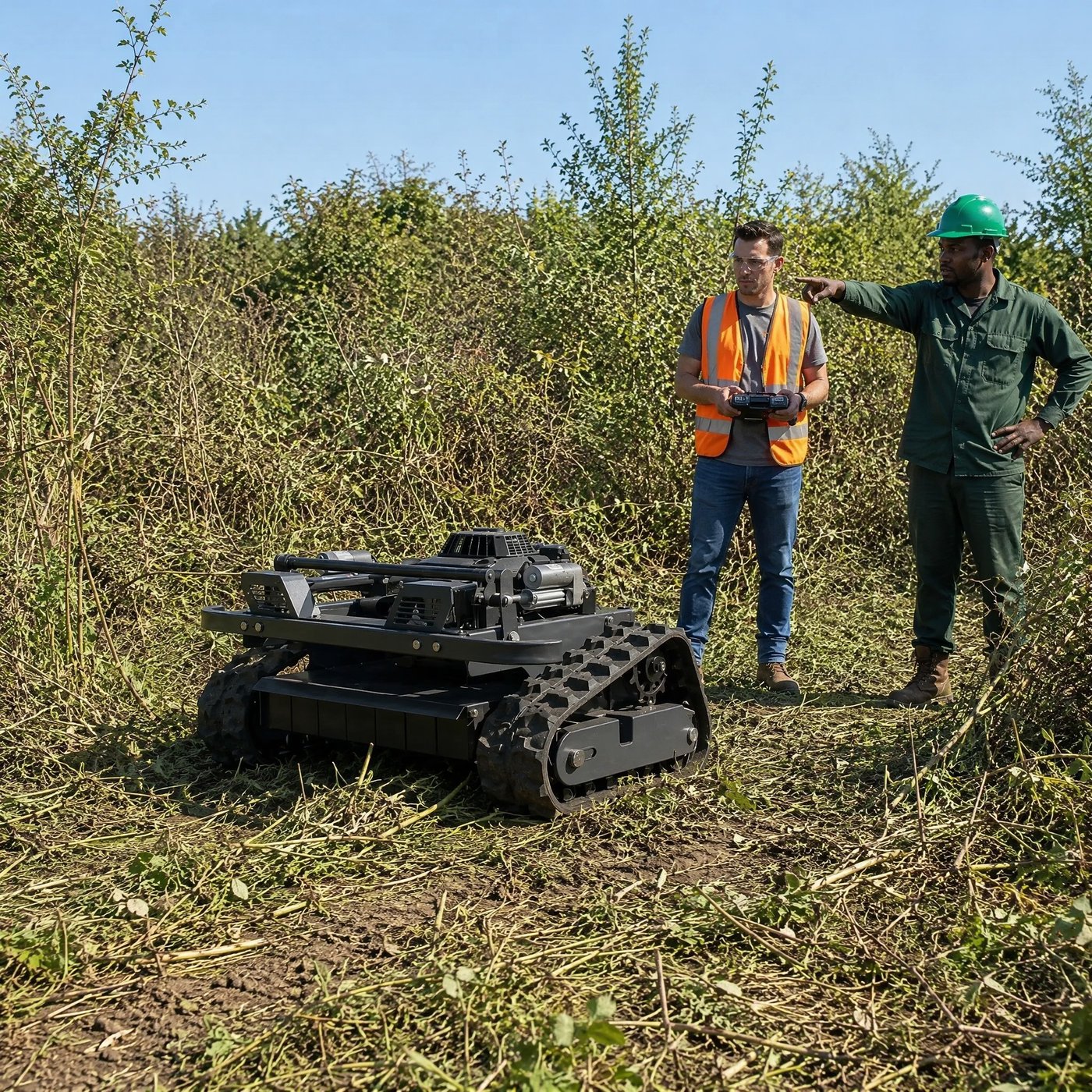 SENCO SK-550 remote-controlled mower working in an overgrown field beside two operators